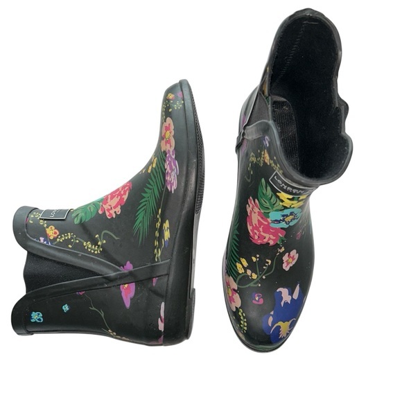 London Fog Black Floral‎ Piccadilly Ankle Rain Boots Waterproof Women’s 8 - Picture 1 of 8